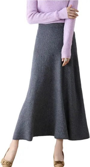 Long Skirt Women's Fall Winter 100% Merino Wool Knitted Skirt Ribbed Elastic Solid Warm Sweater Skirts