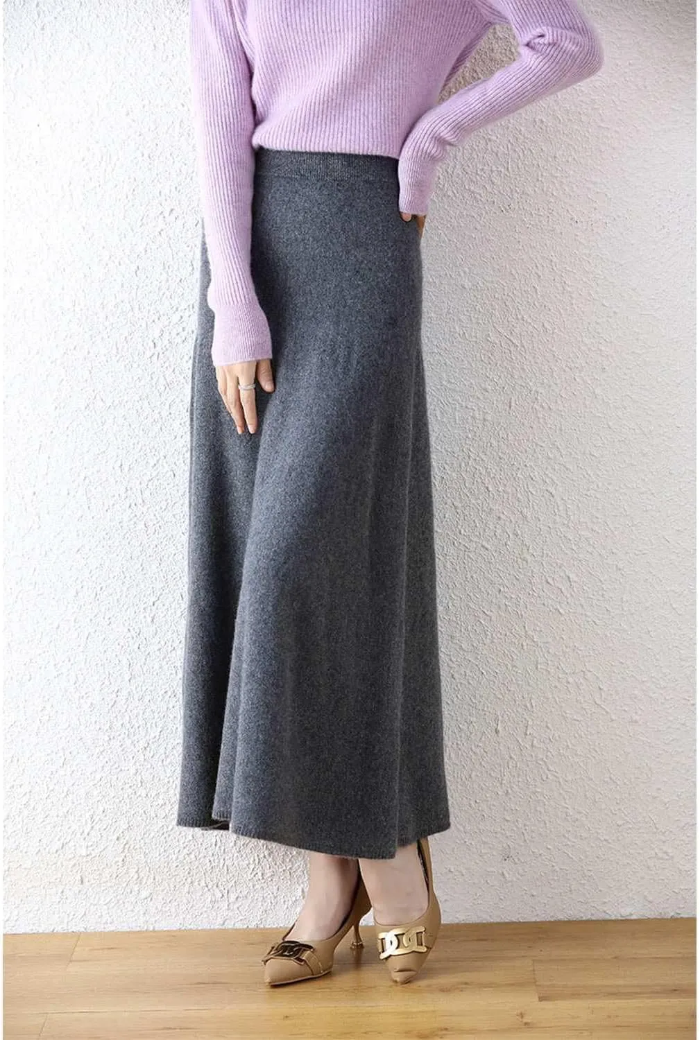 Long Skirt Women's Fall Winter 100% Merino Wool Knitted Skirt Ribbed Elastic Solid Warm Sweater Skirts