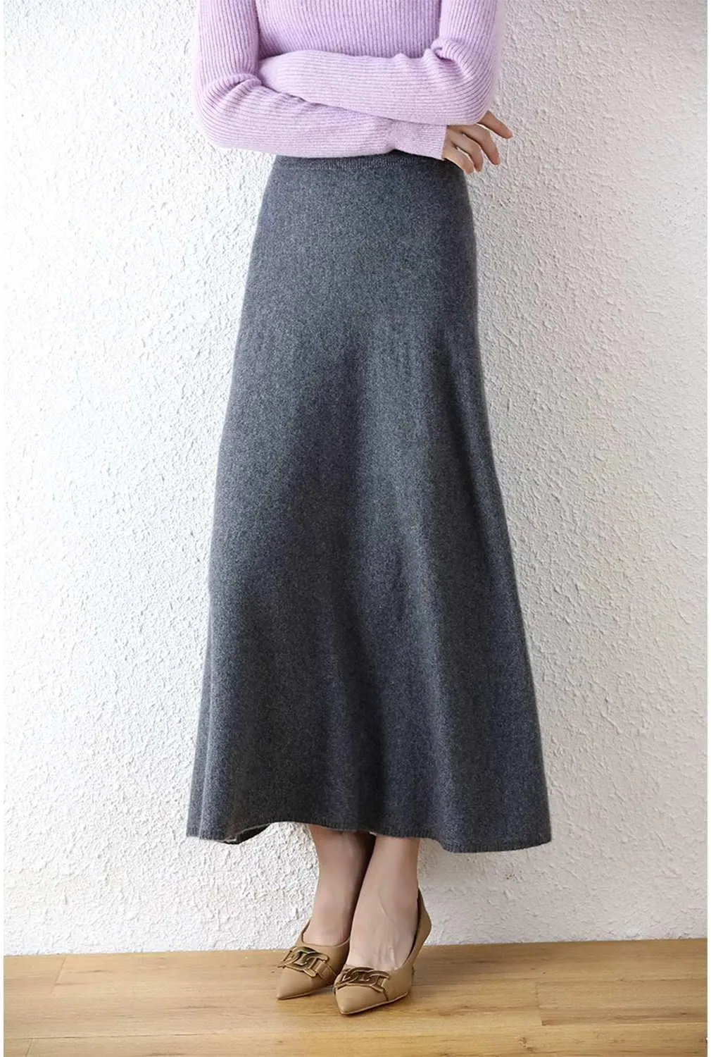Long Skirt Women's Fall Winter 100% Merino Wool Knitted Skirt Ribbed Elastic Solid Warm Sweater Skirts