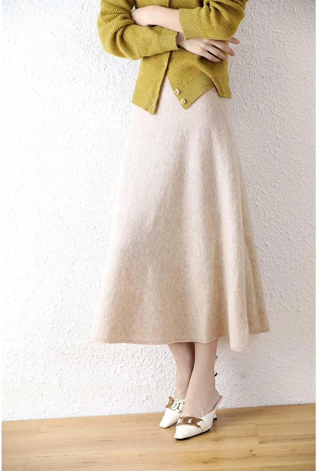 Long Skirt Women's Fall Winter 100% Merino Wool Knitted Skirt Ribbed Elastic Solid Warm Sweater Skirts