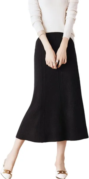 Long Skirt Women's Fall Winter 100% Merino Wool Knitted Skirt Ribbed Elastic Waist Warm Sweater Skirt