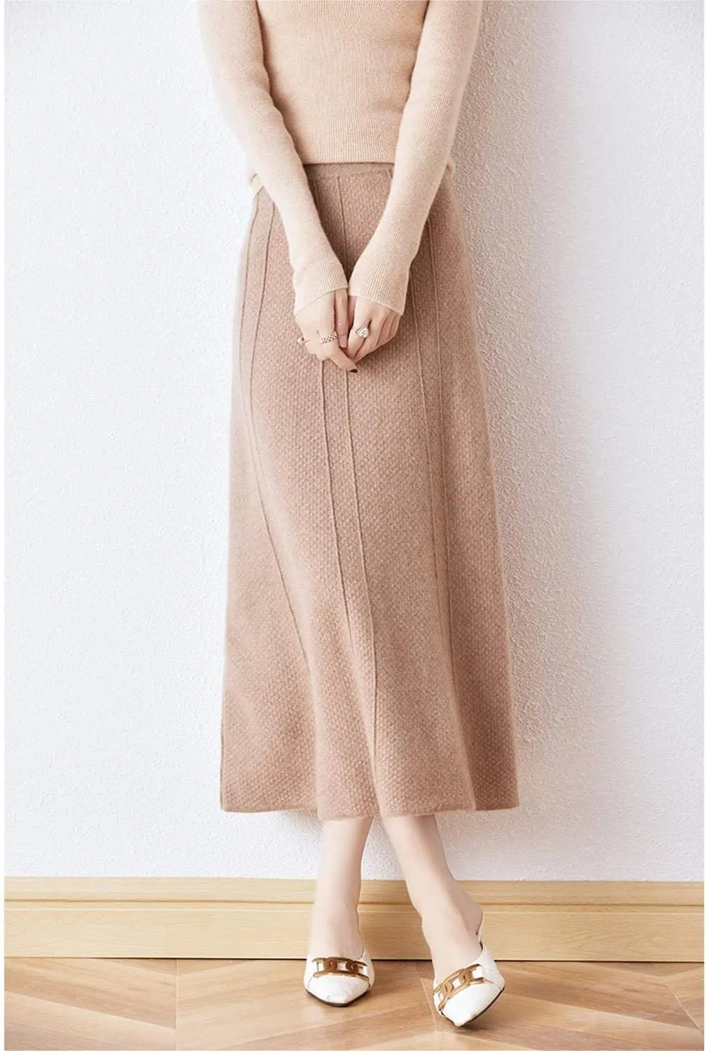 Long Skirt Women's Fall Winter 100% Merino Wool Knitted Skirt Ribbed Elastic Waist Warm Sweater Skirt