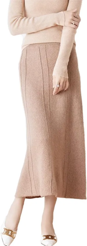 Long Skirt Women's Fall Winter 100% Merino Wool Knitted Skirt Ribbed Elastic Waist Warm Sweater Skirt