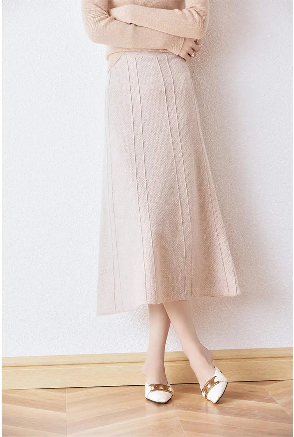 Long Skirt Women's Fall Winter 100% Merino Wool Knitted Skirt Ribbed Elastic Waist Warm Sweater Skirt
