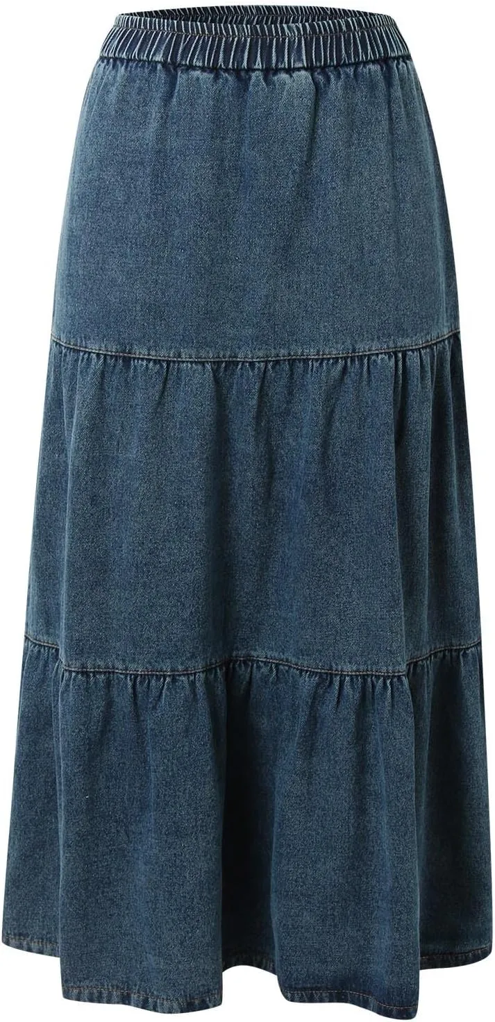 Long Skirts for Women Women's Casual Denim Long Skirt with Elastic Waist A Line Skirt
