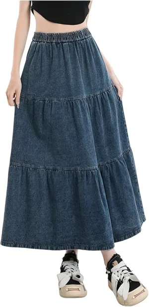 Long Skirts for Women Women's Casual Denim Long Skirt with Elastic Waist A Line Skirt