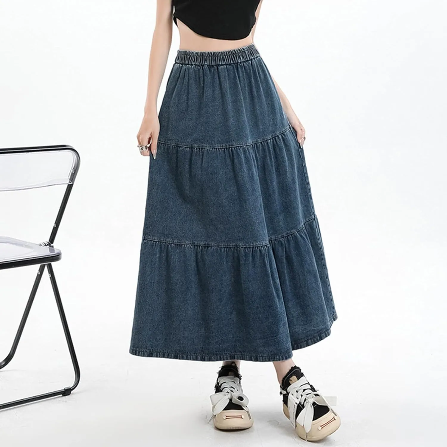 Long Skirts for Women Women's Casual Denim Long Skirt with Elastic Waist A Line Skirt