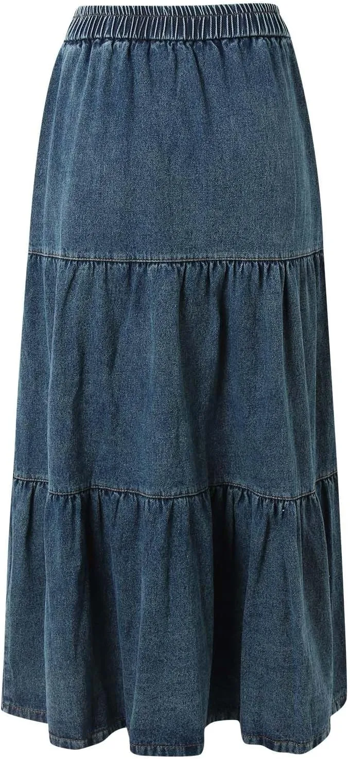 Long Skirts for Women Women's Casual Denim Long Skirt with Elastic Waist A Line Skirt