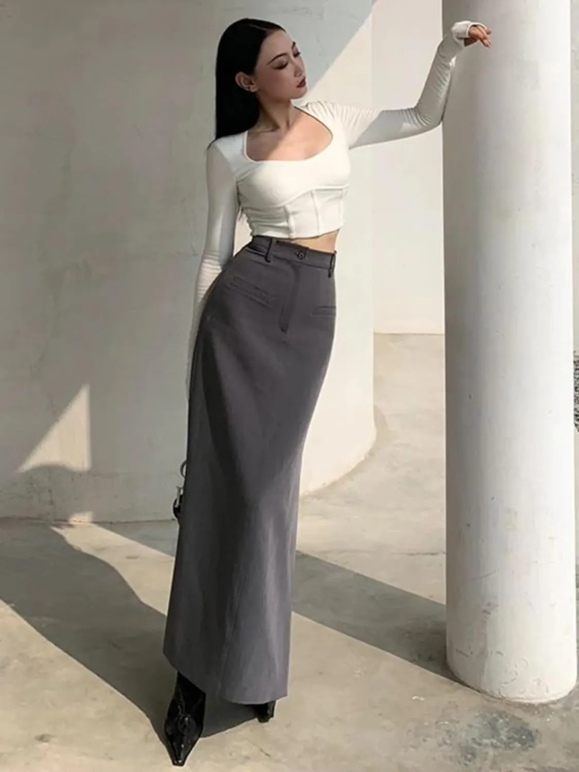 Long Skirts Women Clothing Minimalist Side Slit Temper Elegant Vintage Sexy High Street Ladies All-Match