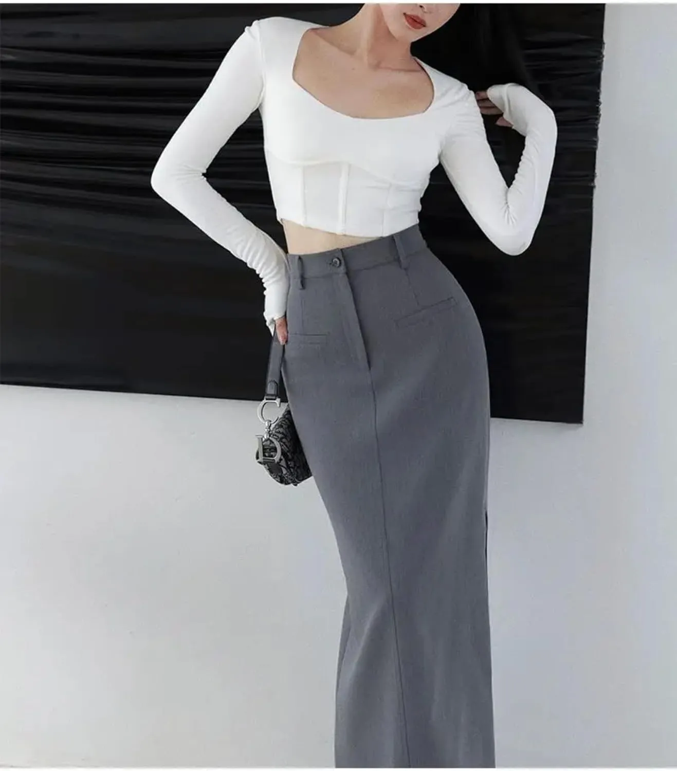 Long Skirts Women Clothing Minimalist Side Slit Temper Elegant Vintage Sexy High Street Ladies All-Match