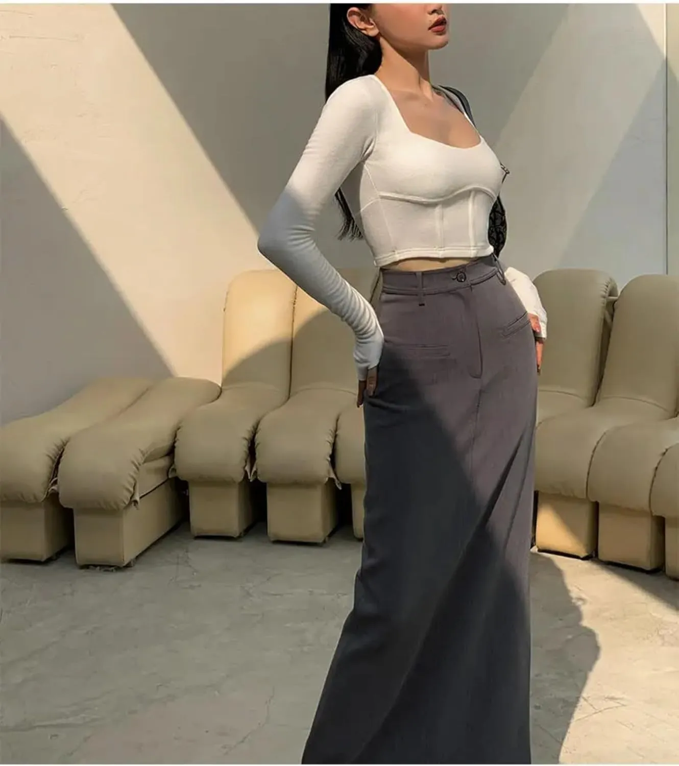 Long Skirts Women Clothing Minimalist Side Slit Temper Elegant Vintage Sexy High Street Ladies All-Match