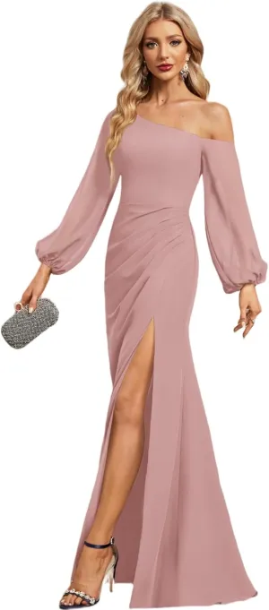 Long Sleeve Asymmetrical Bridesmaid Dresses for Wedding Chiffon Mermaid One Shoulder Long Formal Party Gowns with High Slit