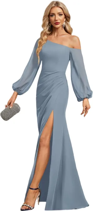 Long Sleeve Asymmetrical Bridesmaid Dresses for Wedding Chiffon Mermaid One Shoulder Long Formal Party Gowns with High Slit