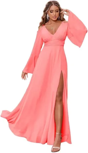 Long Sleeves Bridesmaid Dresses for Women Off Shoulder V-Neck Chiffon Prom Formal Dress with Slit
