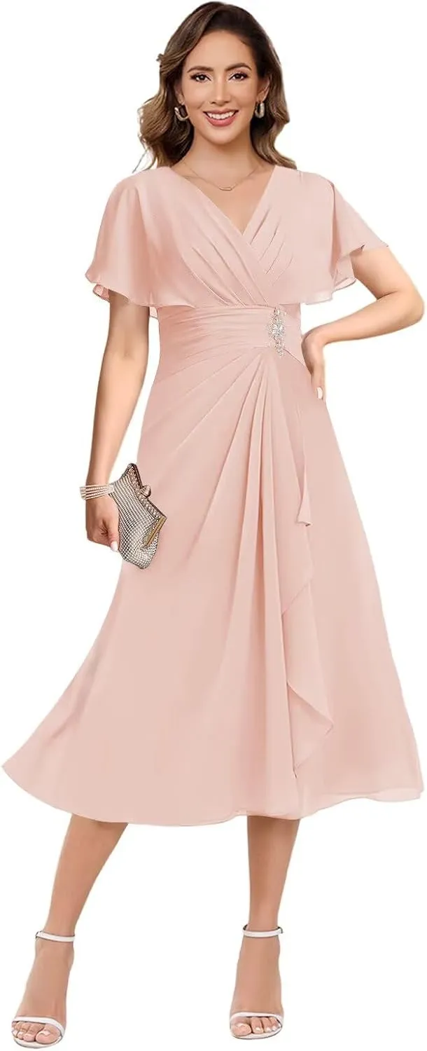 Loyeloy Women's V Neck Mother of The Bride Dresses for Wedding 2025 Chiffon Tea Length Evening Party Gowns