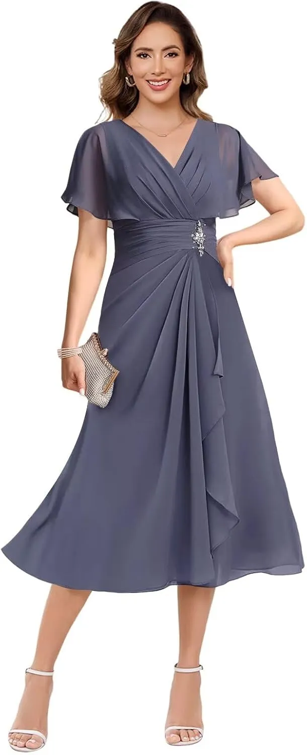 Loyeloy Women's V Neck Mother of The Bride Dresses for Wedding 2025 Chiffon Tea Length Evening Party Gowns