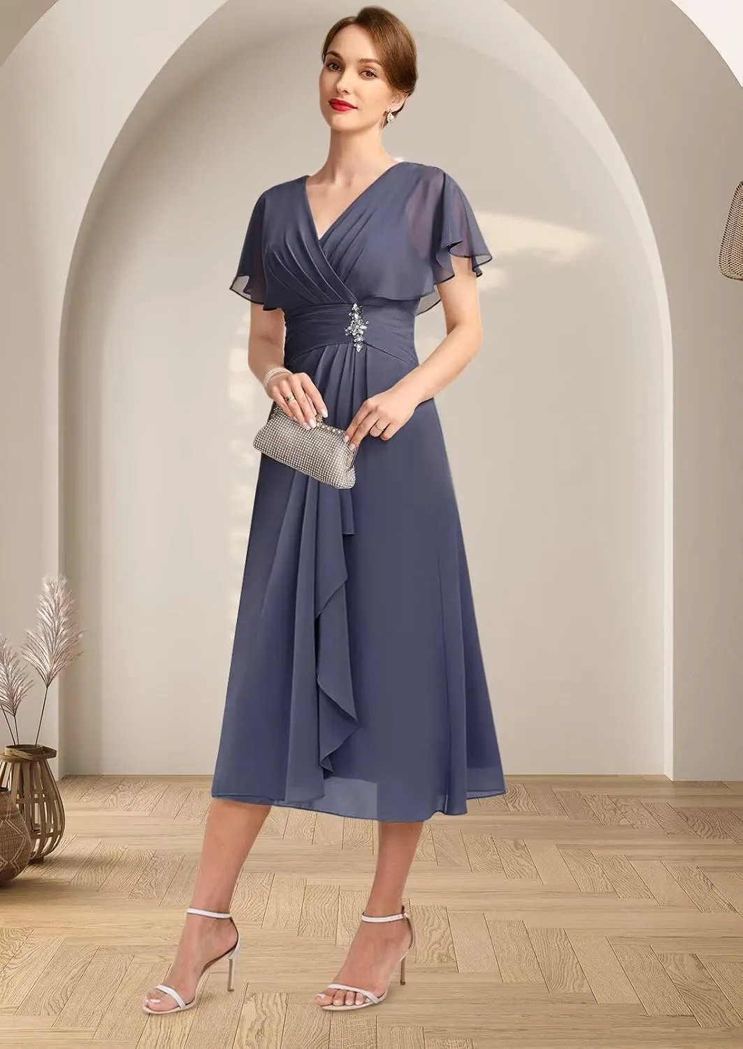Loyeloy Women's V Neck Mother of The Bride Dresses for Wedding 2025 Chiffon Tea Length Evening Party Gowns