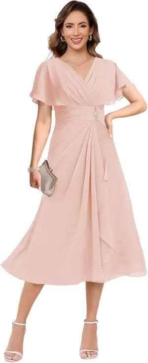 Loyeloy Women's V Neck Mother of The Bride Dresses for Wedding 2025 Chiffon Tea Length Evening Party Gowns