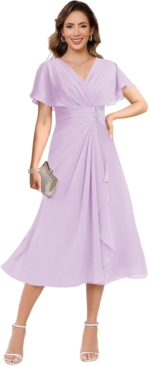 Loyeloy Women's V Neck Mother of The Bride Dresses for Wedding 2025 Chiffon Tea Length Evening Party Gowns