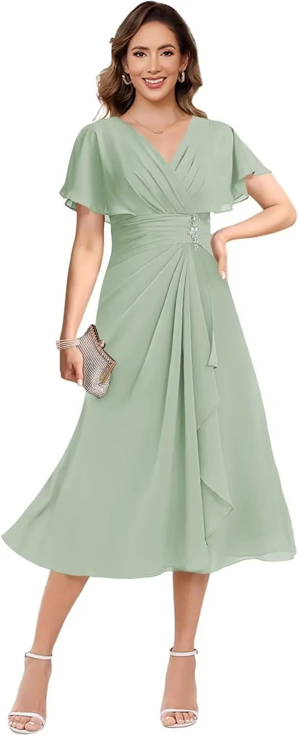 Loyeloy Women's V Neck Mother of The Bride Dresses for Wedding 2025 Chiffon Tea Length Evening Party Gowns