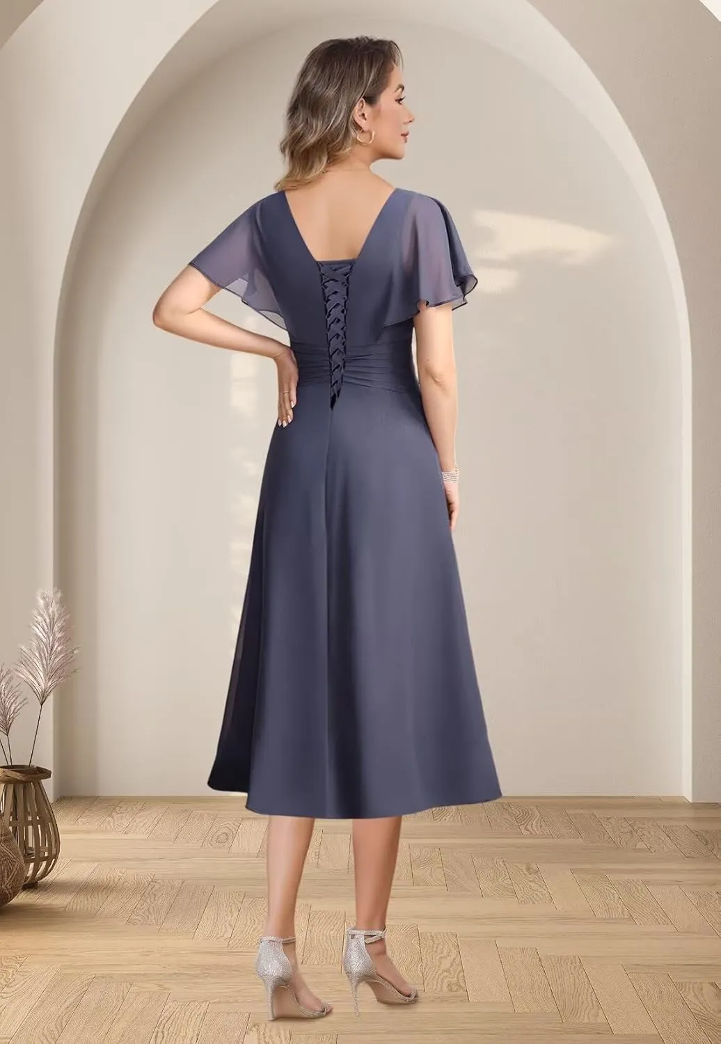 Loyeloy Women's V Neck Mother of The Bride Dresses for Wedding 2025 Chiffon Tea Length Evening Party Gowns