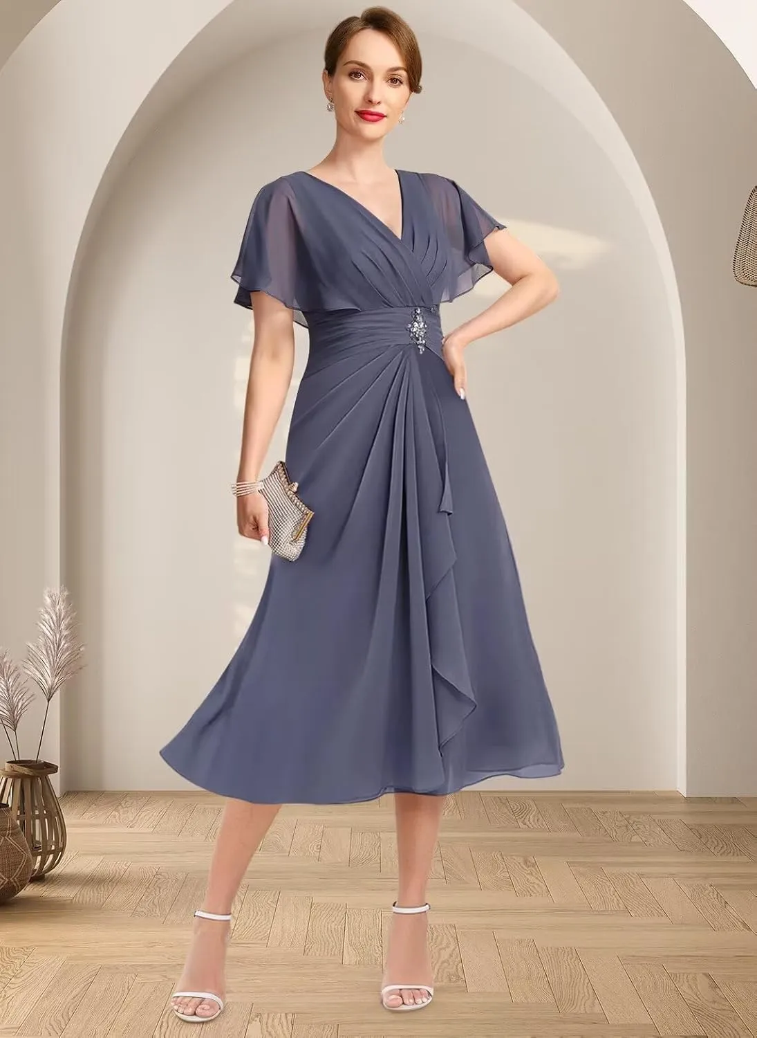 Loyeloy Women's V Neck Mother of The Bride Dresses for Wedding 2025 Chiffon Tea Length Evening Party Gowns