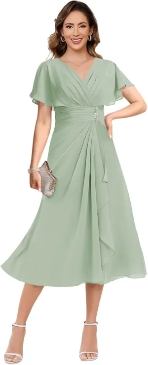 Loyeloy Women's V Neck Mother of The Bride Dresses for Wedding 2025 Chiffon Tea Length Evening Party Gowns
