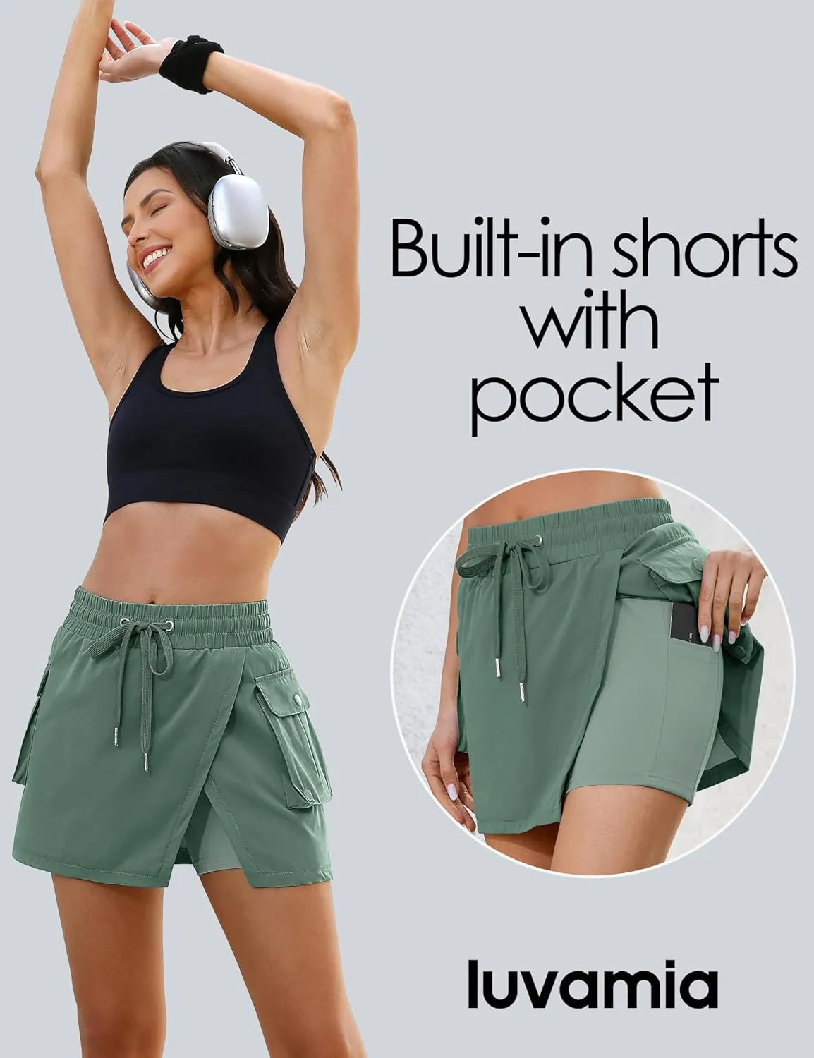 luvamia Tennis Skorts for Woman High Waisted Athletic Cargo Pull On Elastic Waist Stretchy Wrap Golf Skirts with Shorts