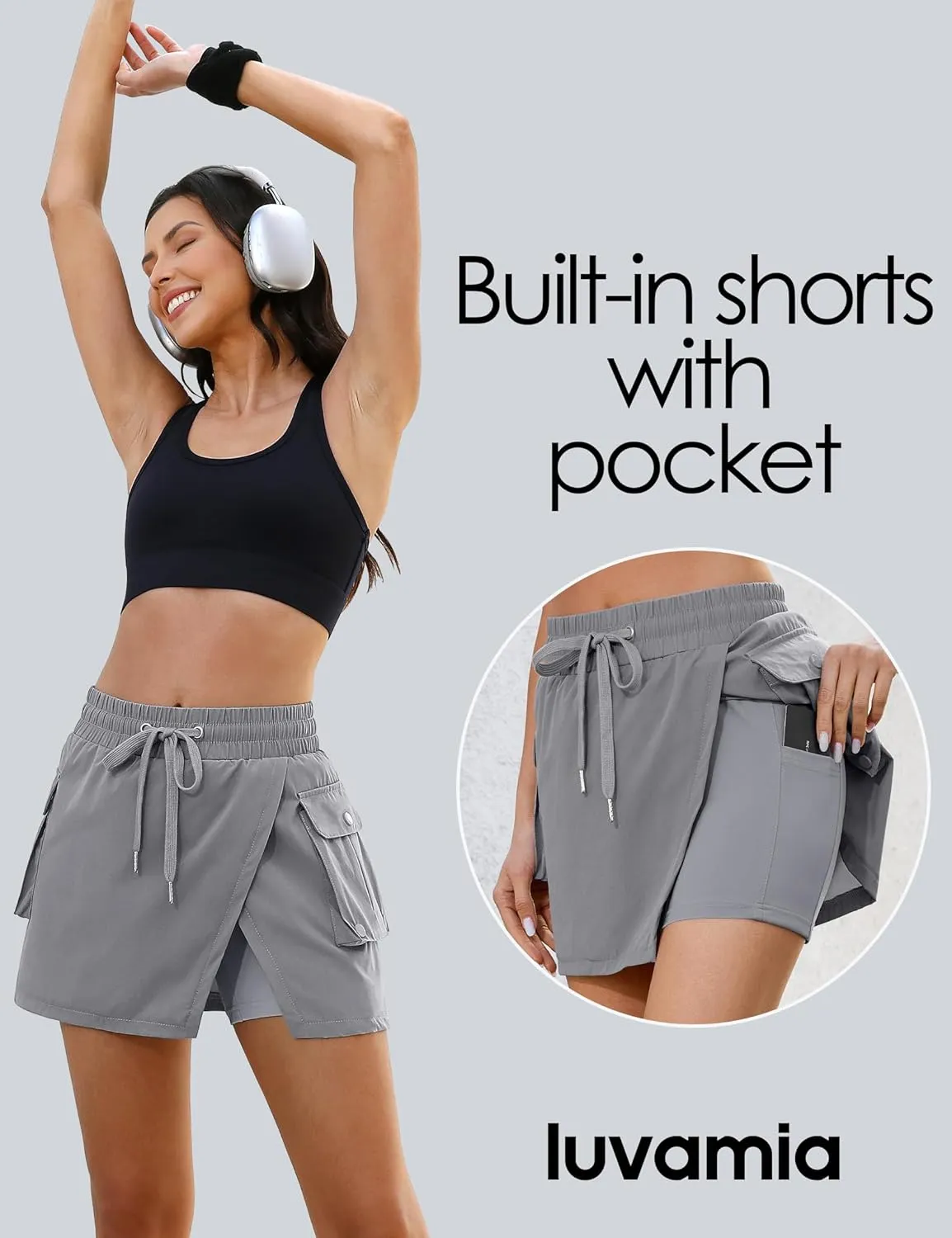 luvamia Tennis Skorts for Woman High Waisted Athletic Cargo Pull On Elastic Waist Stretchy Wrap Golf Skirts with Shorts