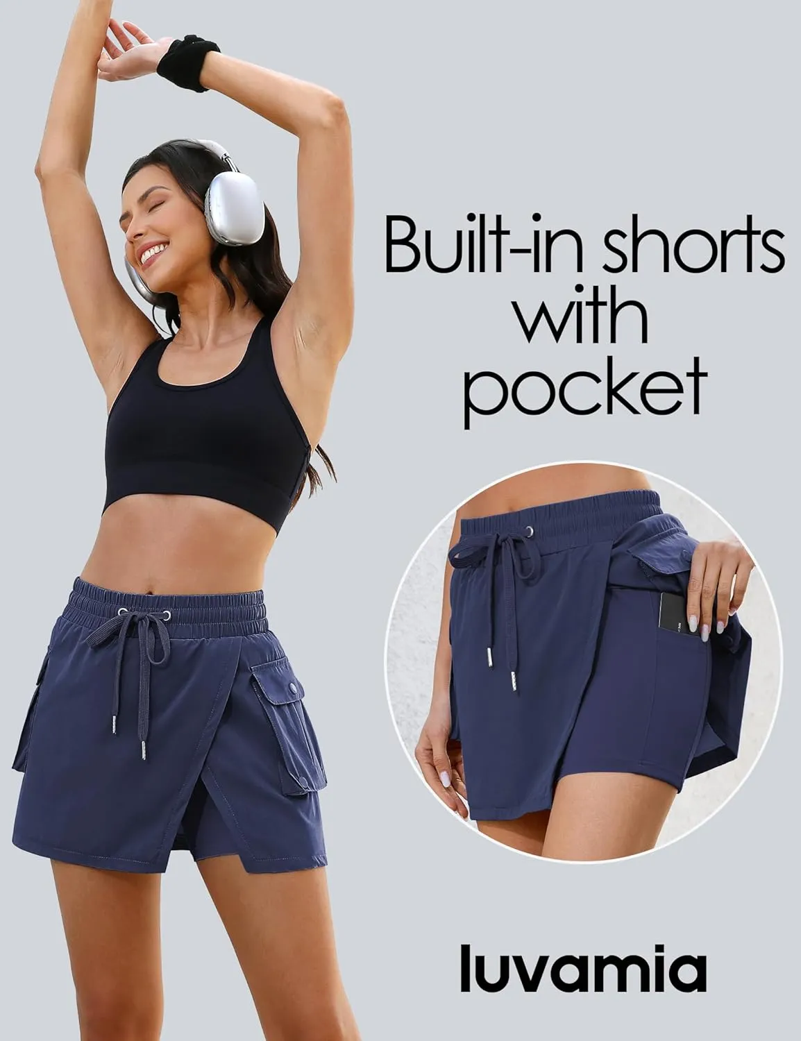 luvamia Tennis Skorts for Woman High Waisted Athletic Cargo Pull On Elastic Waist Stretchy Wrap Golf Skirts with Shorts
