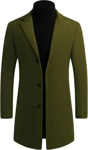 Maiyifu-GJ Men's Wool Blend Trench Coats Mid-Length Notched Collar Slim Overcoat Casual Business Single Breasted Long Jackets