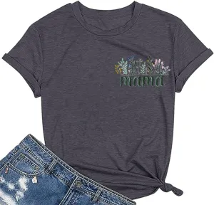 Mama Shirts for Women Retro Floral Mama Letter Printed Mother's Day Shirt Graphic Tshirt Mom Casual Tee Tops