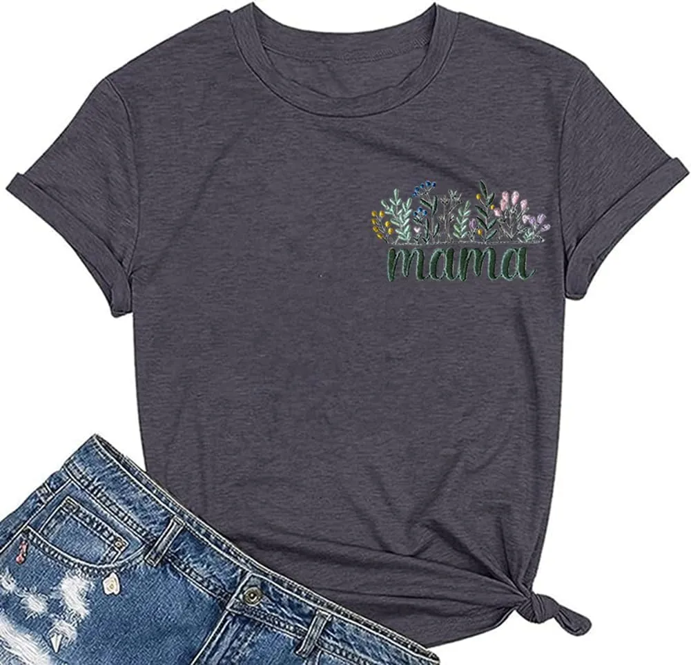 Mama Shirts for Women Retro Floral Mama Letter Printed Mother's Day Shirt Graphic Tshirt Mom Casual Tee Tops