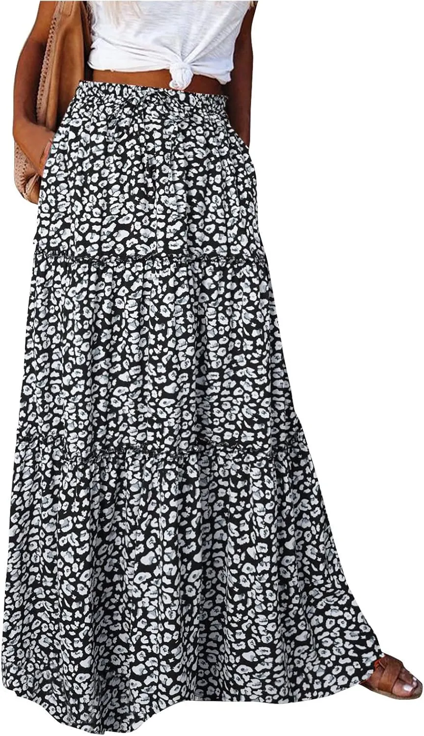 Maxi Skirts,Pleated Flowy Long Skirts for Women 2025 High Waisted Womens Boho Maxi Skirt with Pockets Trendy