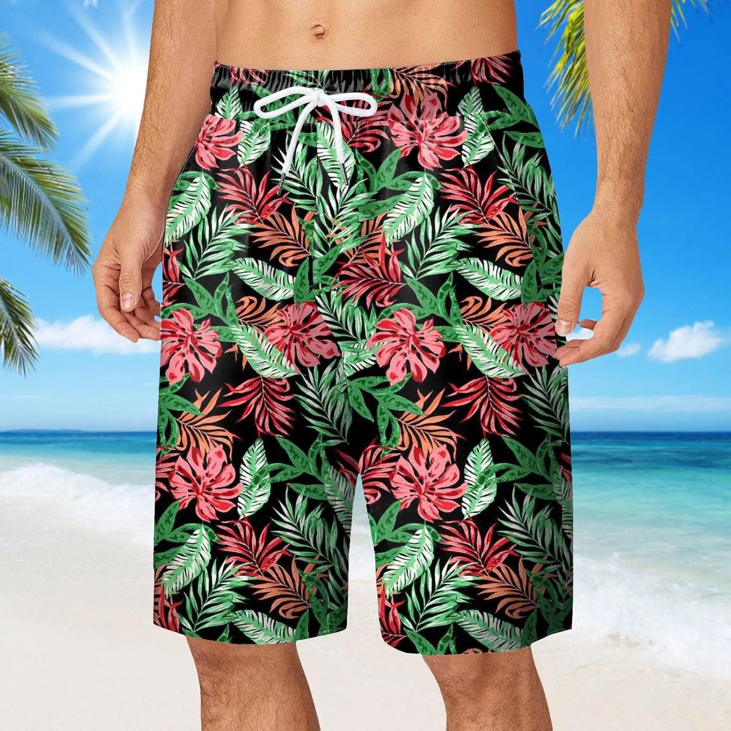 Men Bathing Suit Printed Beach Short Casual Loose Fashion Shorts Loose Tether Pocket Men's Casual Stretch Cargo