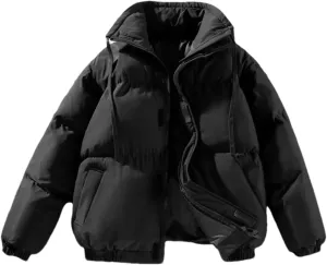 Men Drawstring Stand Collar Solid Color Cotton-Padded Warm Casual Zipper Parka Coat
