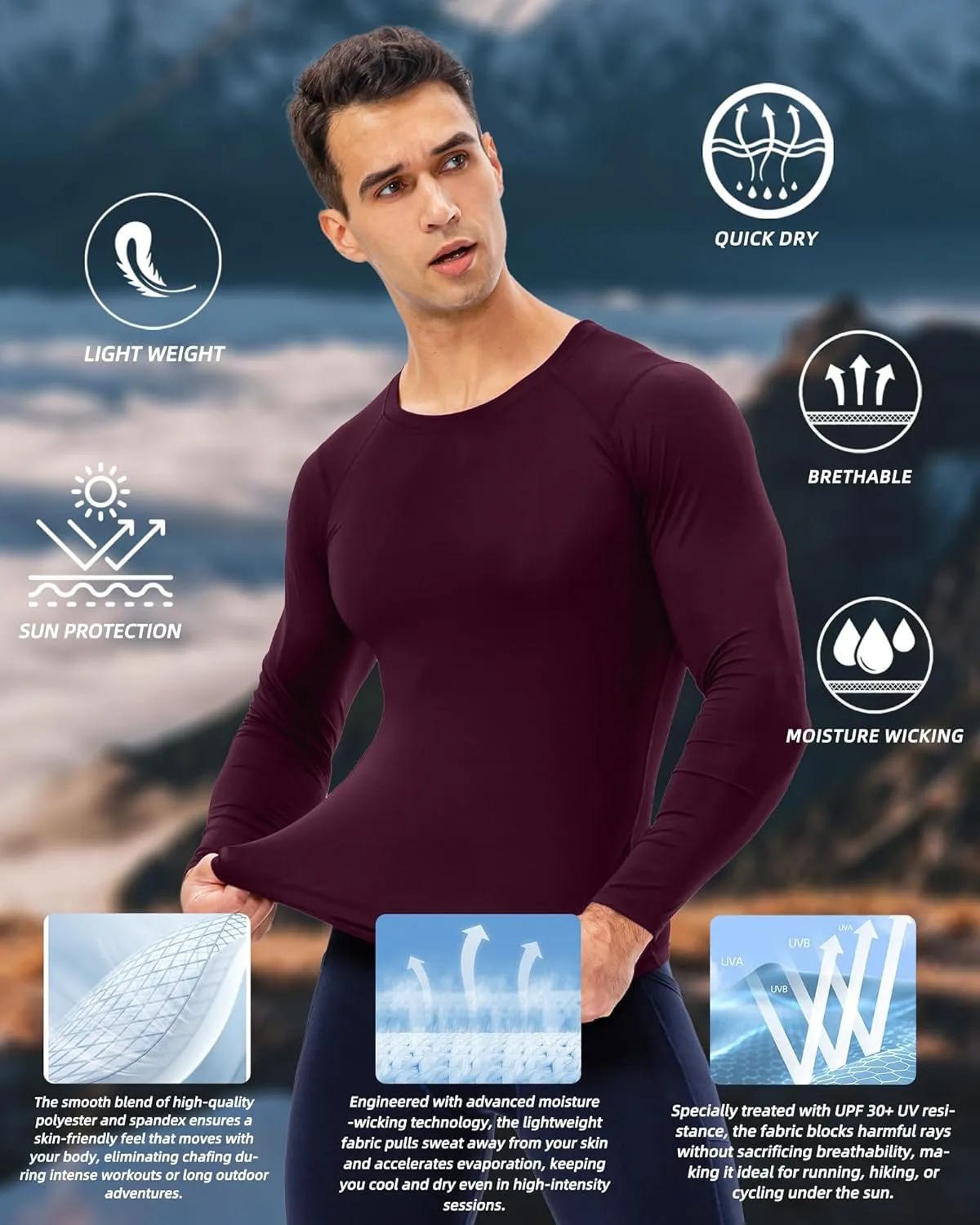 Men's Compression Shirt Long Sleeve Cool Dry Workout Athletic Base Layer Undershirts for Running Basketball Cycling
