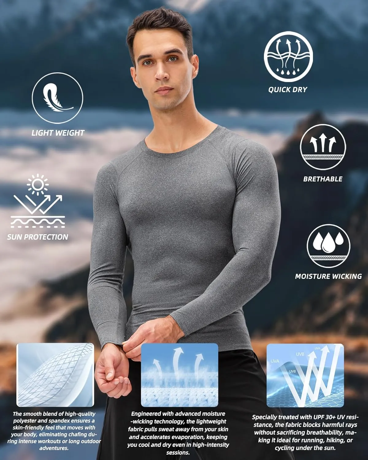 Men's Compression Shirt Long Sleeve Cool Dry Workout Athletic Base Layer Undershirts for Running Basketball Cycling