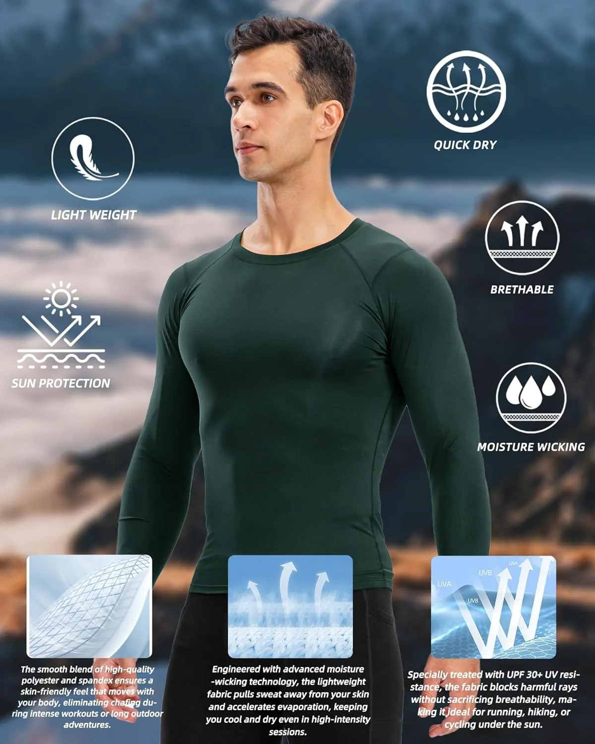 Men's Compression Shirt Long Sleeve Cool Dry Workout Athletic Base Layer Undershirts for Running Basketball Cycling