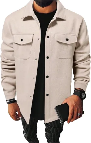 Men's Jacket Long Sleeve Button Down Jackets Open Front Cardigan Overcoat Lightweight Casual Coat with Flap Pockets
