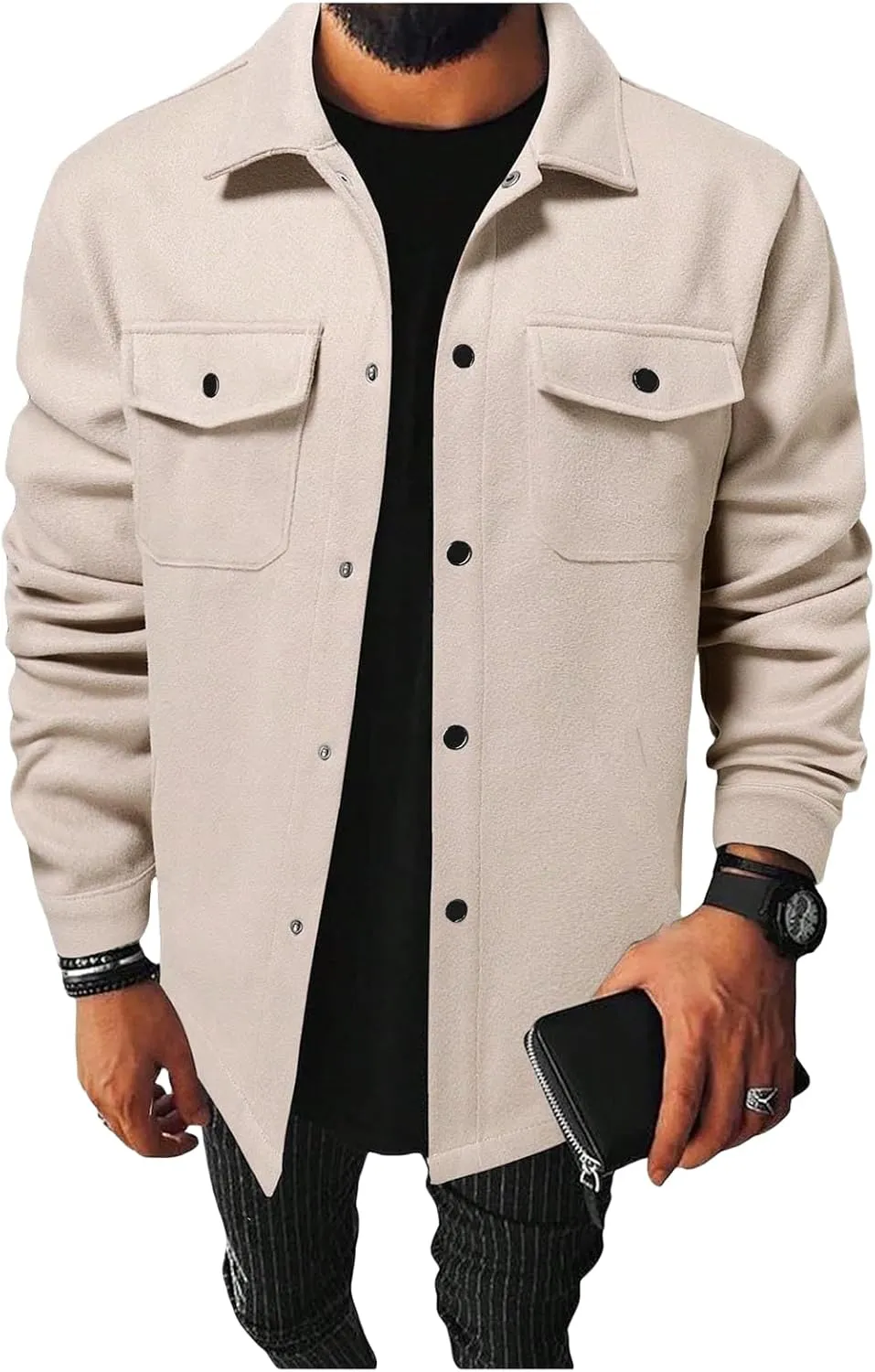 Men's Jacket Long Sleeve Button Down Jackets Open Front Cardigan Overcoat Lightweight Casual Coat with Flap Pockets
