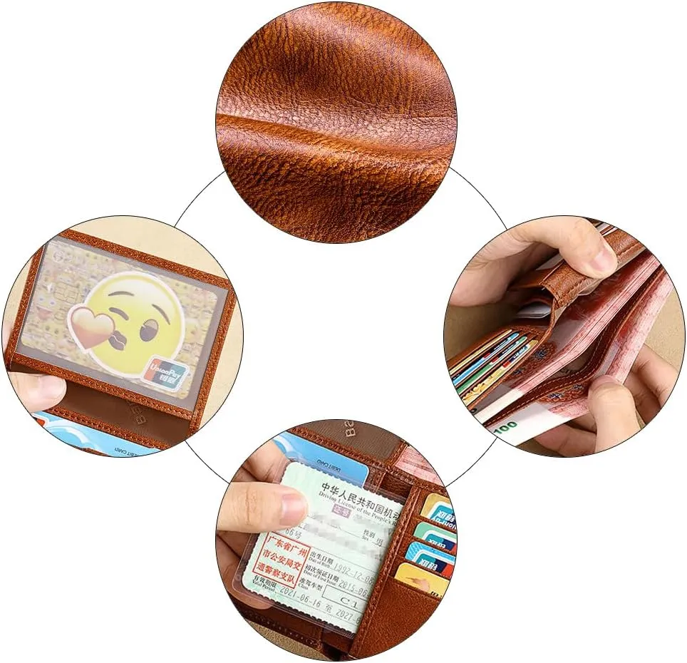 Mens Wallet Genuine Leather RFID Blocking Purse Slim Minimalist Bifold Card Holder with ID Window