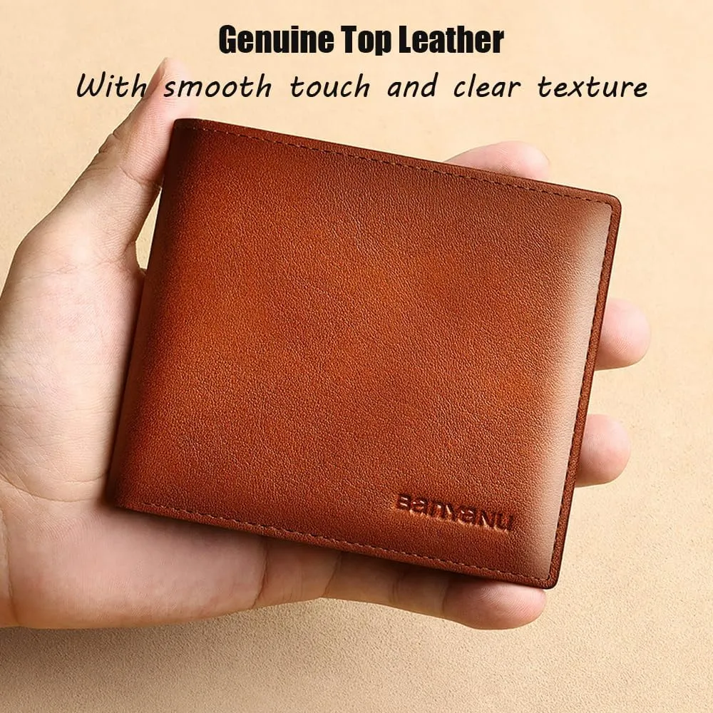 Mens Wallet Genuine Leather RFID Blocking Purse Slim Minimalist Bifold Card Holder with ID Window