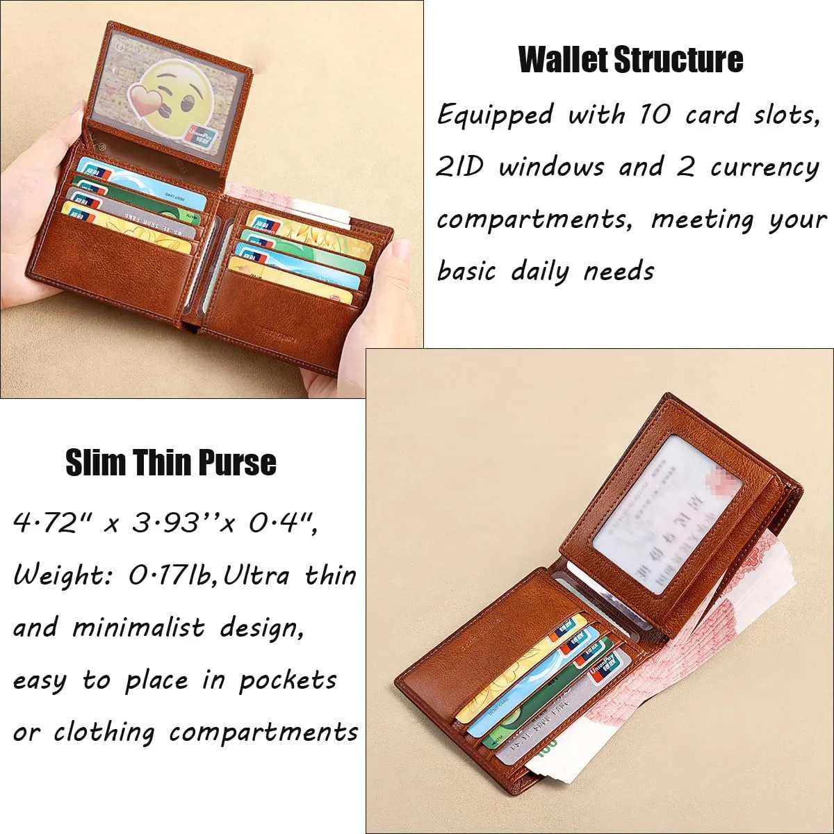 Mens Wallet Genuine Leather RFID Blocking Purse Slim Minimalist Bifold Card Holder with ID Window