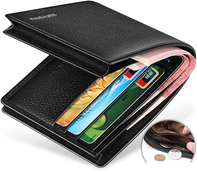 Mens Wallet Leather RFID Blocking, Large Capacity Bifold Slim Minimalist Purse Card Holder with ID Window