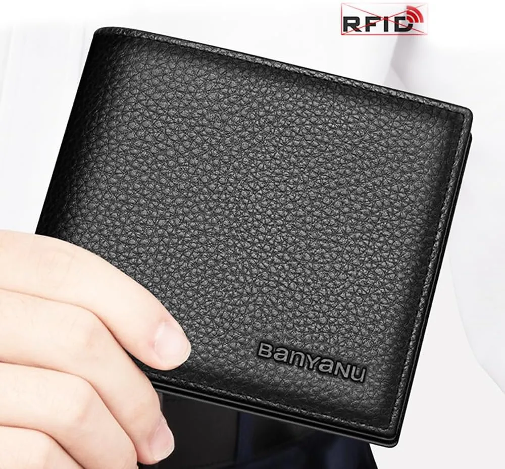 Mens Wallet Leather RFID Blocking, Large Capacity Bifold Slim Minimalist Purse Card Holder with ID Window