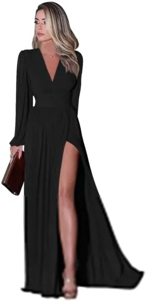 Miao Duo Women's Long Sleeve Prom Dress with Pockets V Neck Split Formal Evening Gowns YZTS019