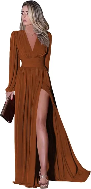 Miao Duo Women's Long Sleeve Prom Dress with Pockets V Neck Split Formal Evening Gowns YZTS019