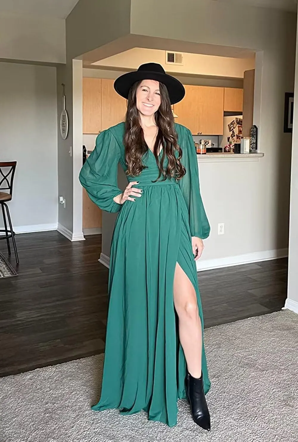 Miao Duo Women's Long Sleeve Prom Dress with Pockets V Neck Split Formal Evening Gowns YZTS019
