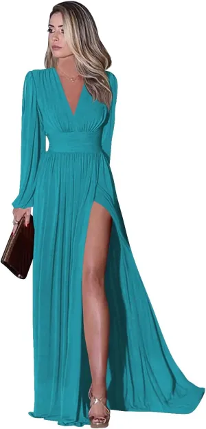 Miao Duo Women's Long Sleeve Prom Dress with Pockets V Neck Split Formal Evening Gowns YZTS019